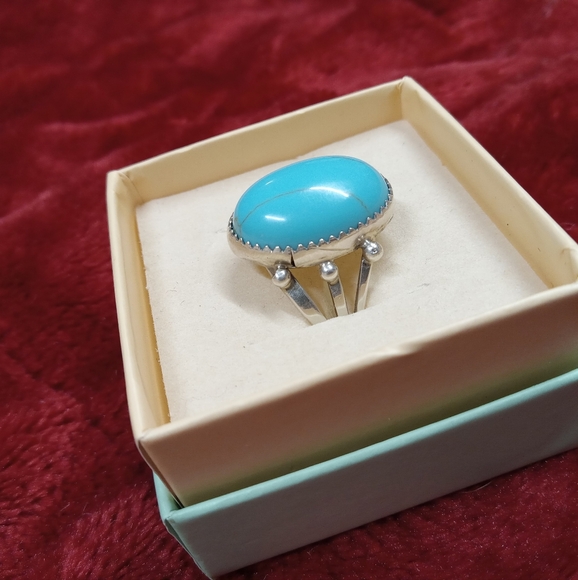 VTG Sterling Silver Navajo Cecil Henry Handmade Turquoise Ring Size 10.25 - Picture 3 of 11